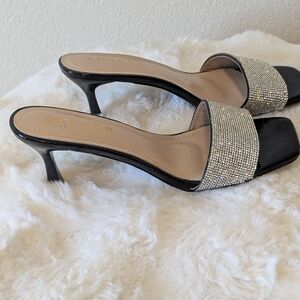 Andrew Stevens Black Rhinestone Mule Heels Square Toe Slide Sandals Size 10
